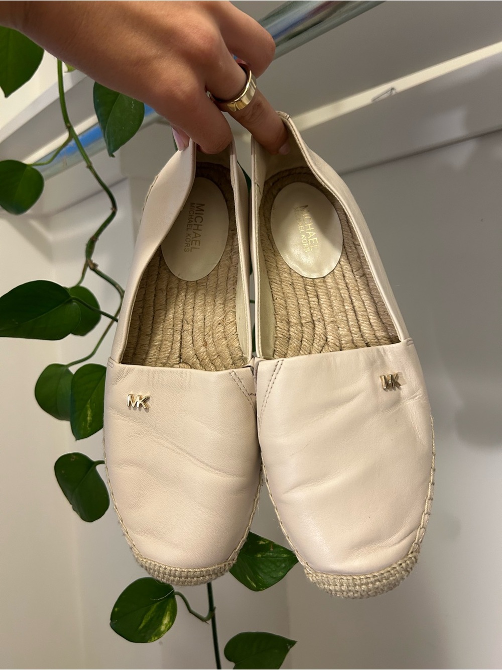 Michael Kors White Leather Espadrille Flats with Gold MK Accent